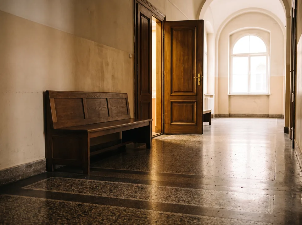 Korytarz sądu okręgowego przed salą rozpraw w sprawie o separację